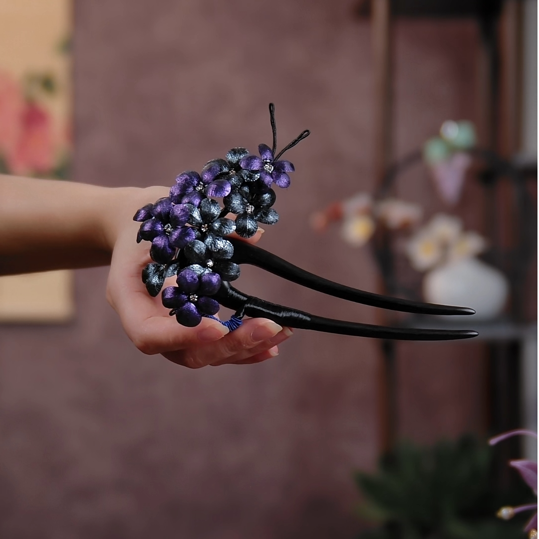 【星垂花坞】非遗绒花变色龙紫蓝色绣球花双钗手工古风中式簪发