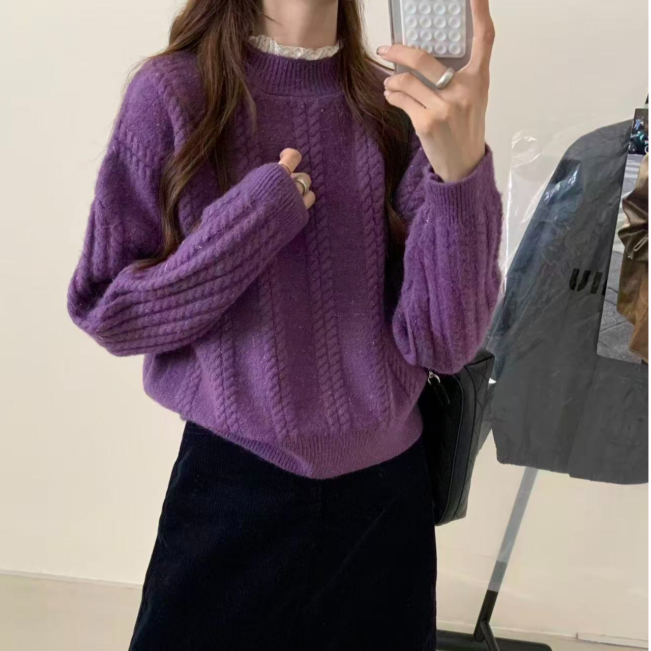 【花猫服装】蕾丝半高领麻花毛衣女加厚内搭针织上衣宽松保暖慵懒风