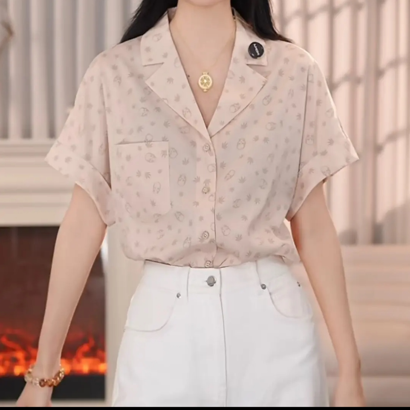 阿玛施夏季新款女印花五一出游度假衬衫短袖休闲上衣衬衫530066