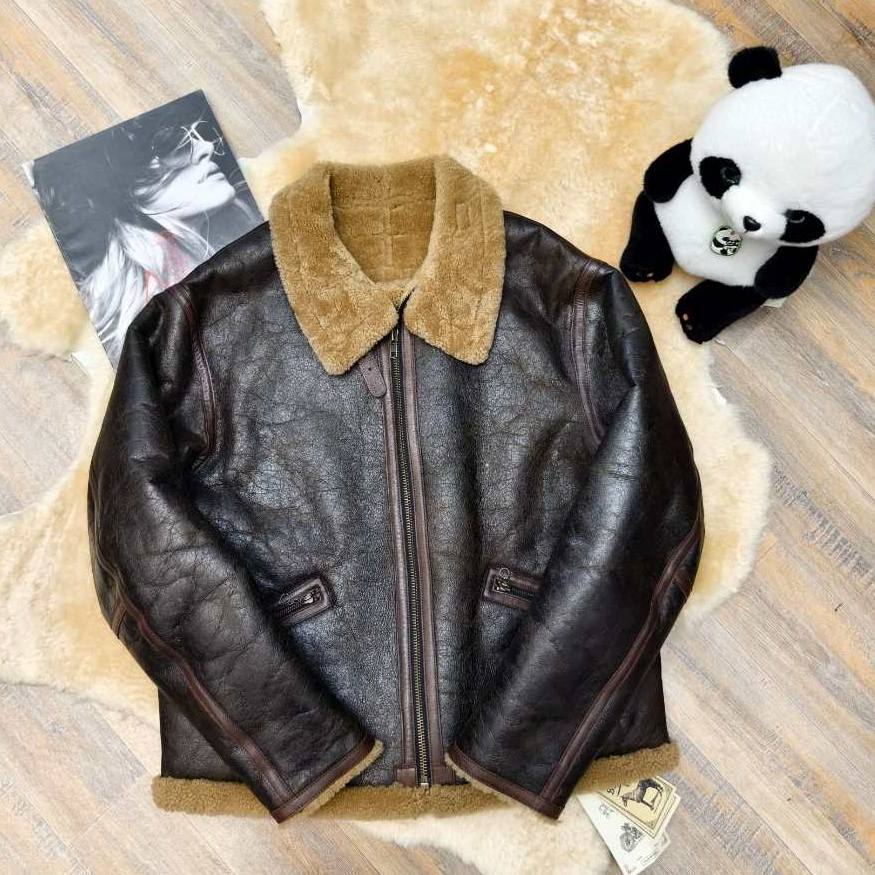 熊猫盼盼家飞行夹克复古真皮短款B6水洗做旧龟裂翻领皮毛一体外套