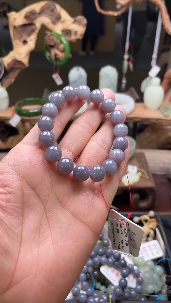 【闪购商品】和田玉手串未镶嵌青海烟紫卡12圆珠9003093