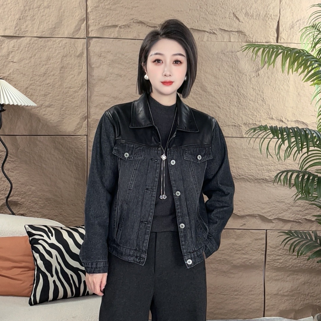 牛仔拼皮水洗刺绣洋气外套加棉厚棉时尚衬衫领女显瘦棉衣气质外套