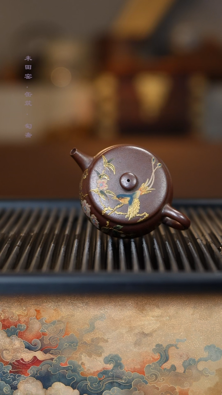 茶壶紫砂胭脂红柴烧海棠雀鸟高足宫灯180cc