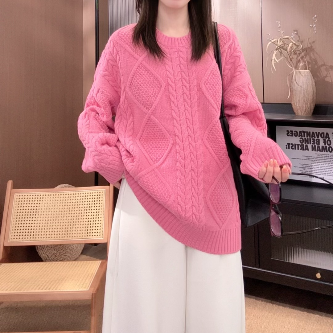IXIAN女装-韩版慵懒风宽松全羊毛加厚圆领麻花毛衣女时尚羊毛衫