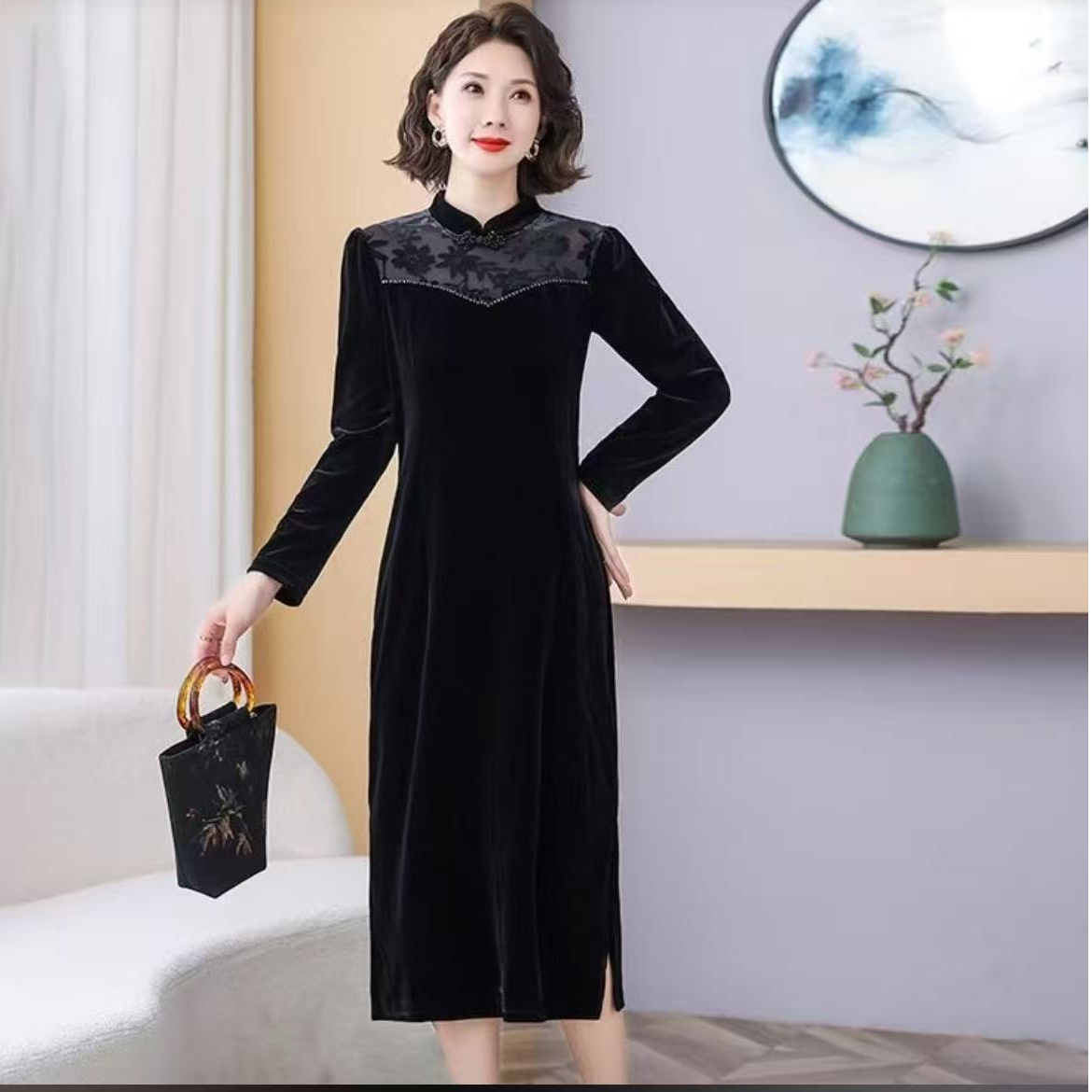 中老年妈妈丝绒中年过膝连衣裙