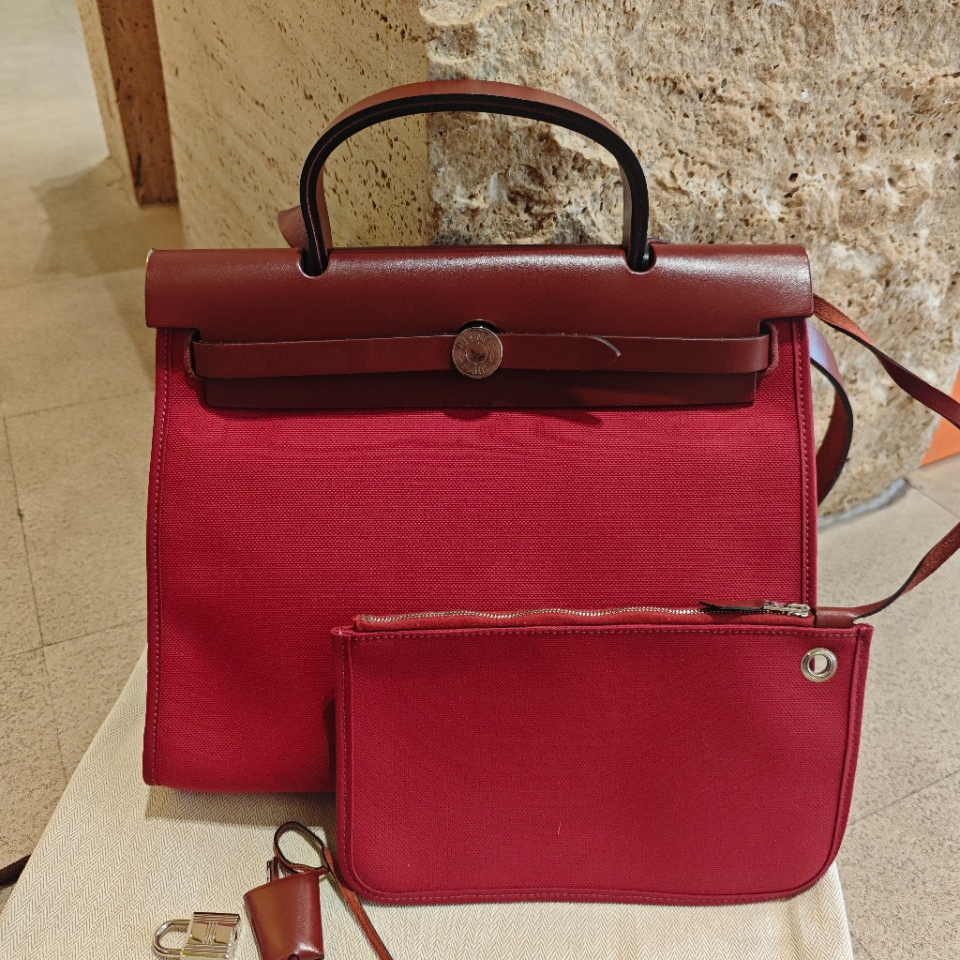 95新 Hermes/爱马仕 herbag31 石榴红拼波尔多酒红 A/122705