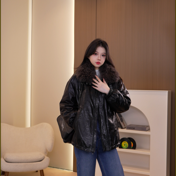 海宁25年秋冬新款加鹅绒内胆真皮绵羊皮中长款女士皮衣外套8860