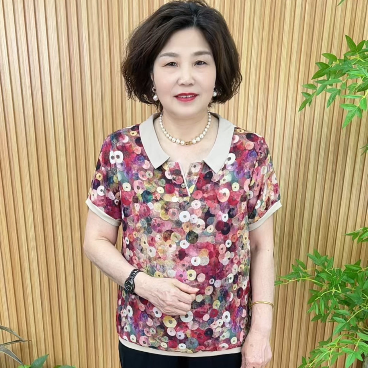 翻领时尚休闲风POLO领中老年女装遮肚小衫宽松中老年5066