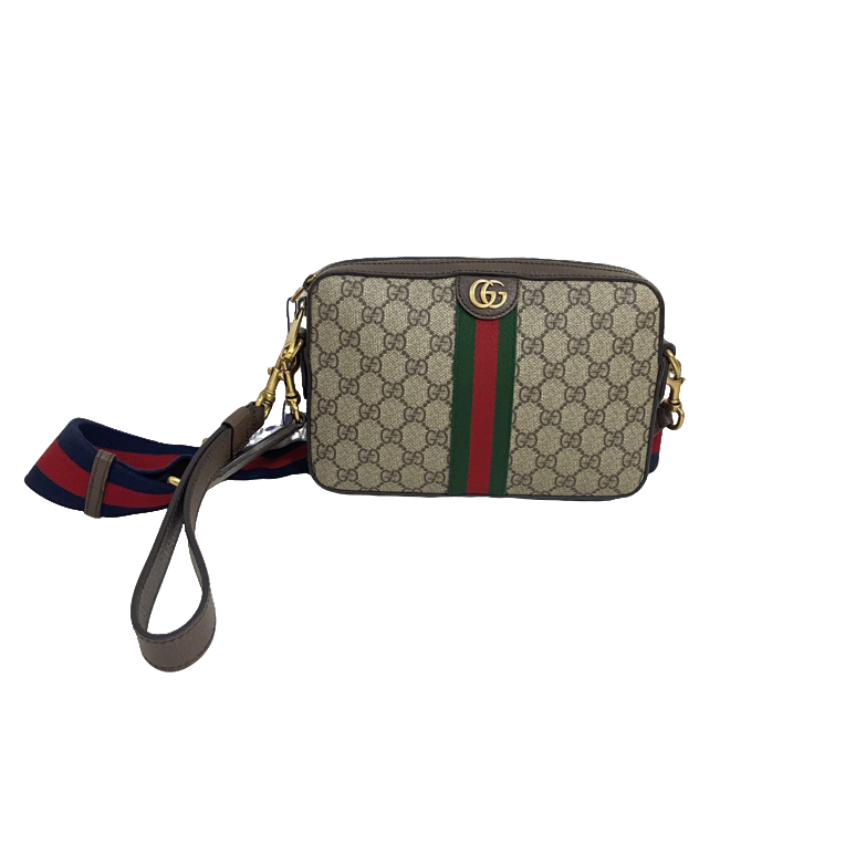 99新 GUCCI/古驰 古驰经典红绿织带棕老花斜挎包450