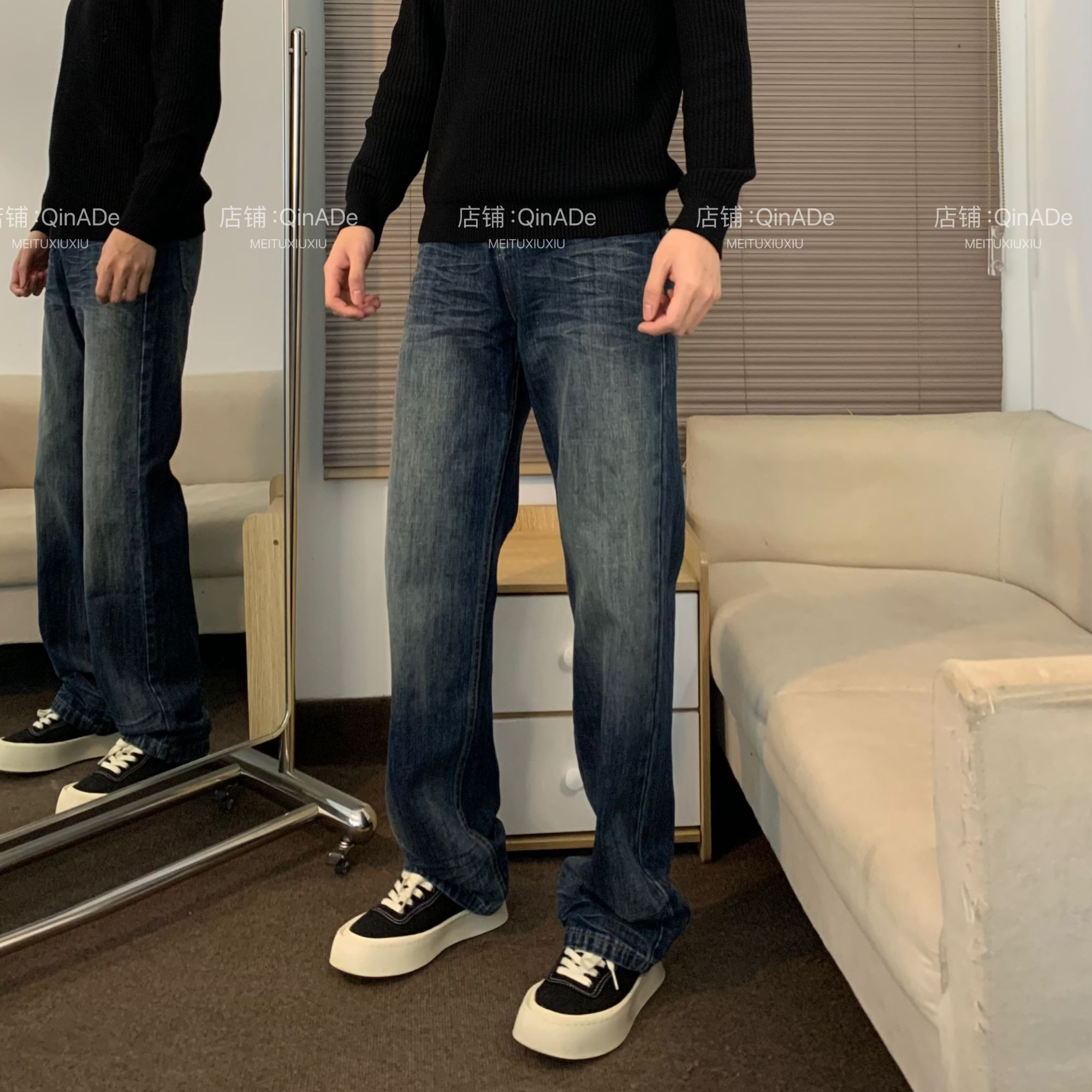 QinADe美式复古休闲裤cleanfit水洗百搭显瘦直筒牛仔裤男女JK9942