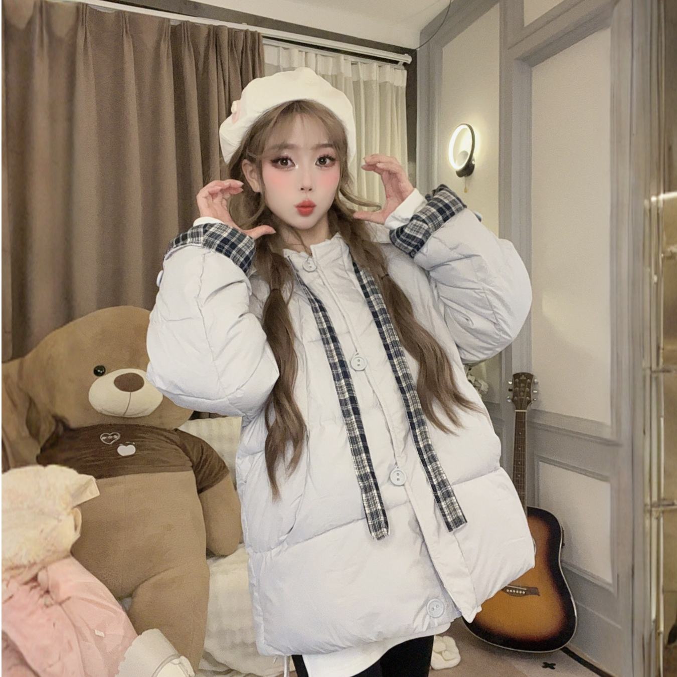 518 飘带格纹中长款服设计感洋气超好看加厚保暖面包服