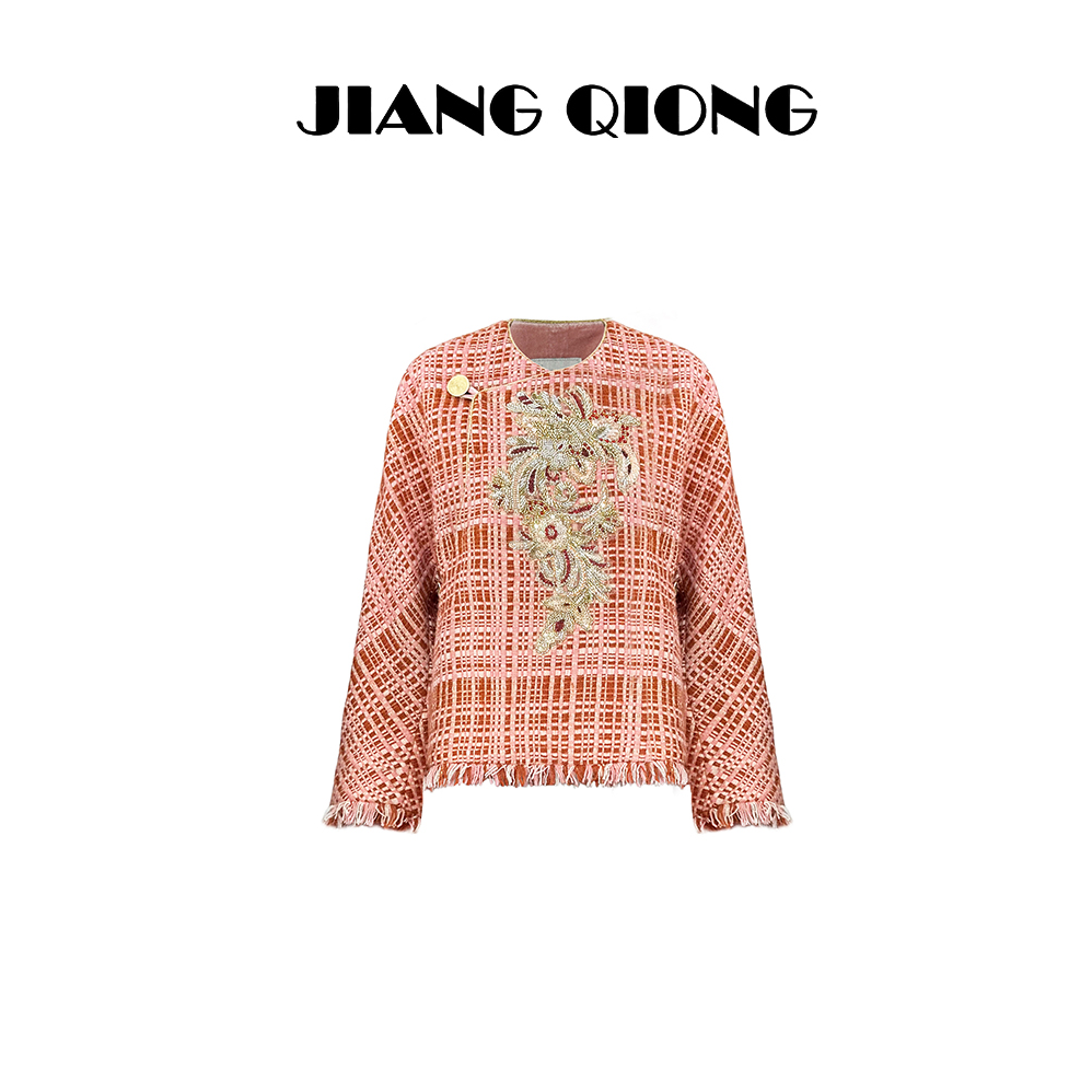 姜穹JIANGQIONG盘金珠片刺绣装饰拉毛流苏圆领偏襟中式外套
