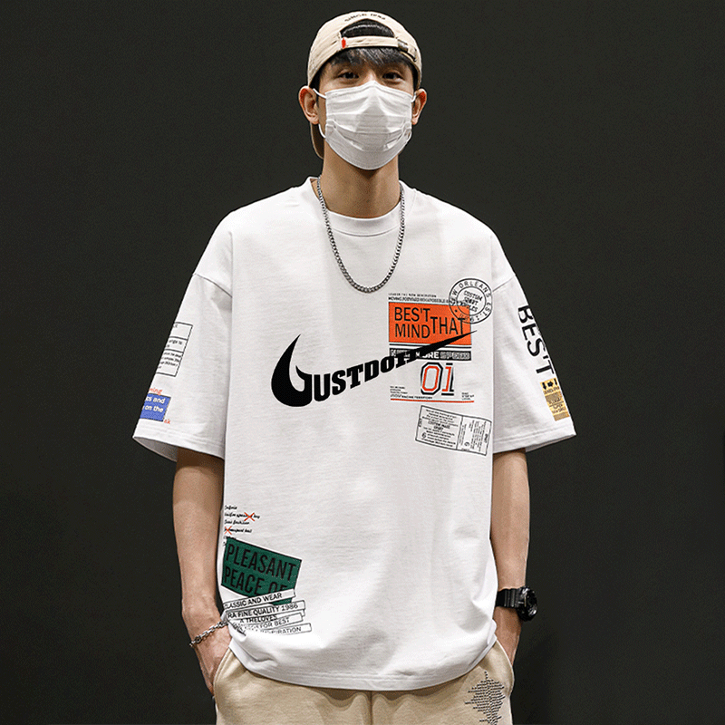 一折专区|奥莱|青少年夏季短袖男休闲宽松五分袖冰丝个性涂鸦T恤