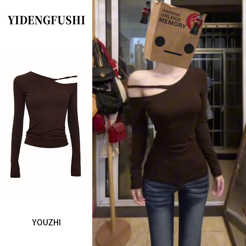 性感辣妹镂空斜肩长袖打底衫T恤秋冬新款修身纯欲内搭加绒上衣女