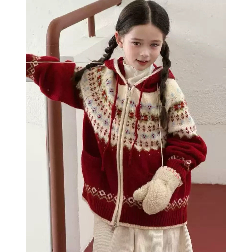 2025冬『圣诞费尔岛』女童洋气韩版休闲连帽针织拉链毛衣外套52881