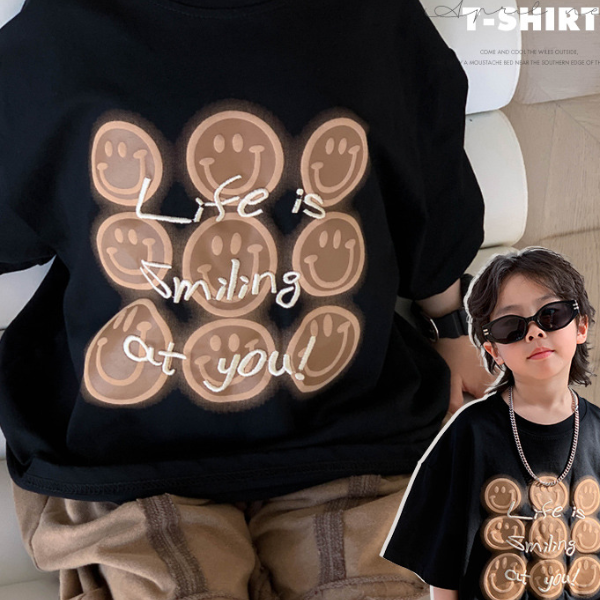 【清仓】2025夏装休闲童装中童t恤男短袖黑色笑脸印花宝宝