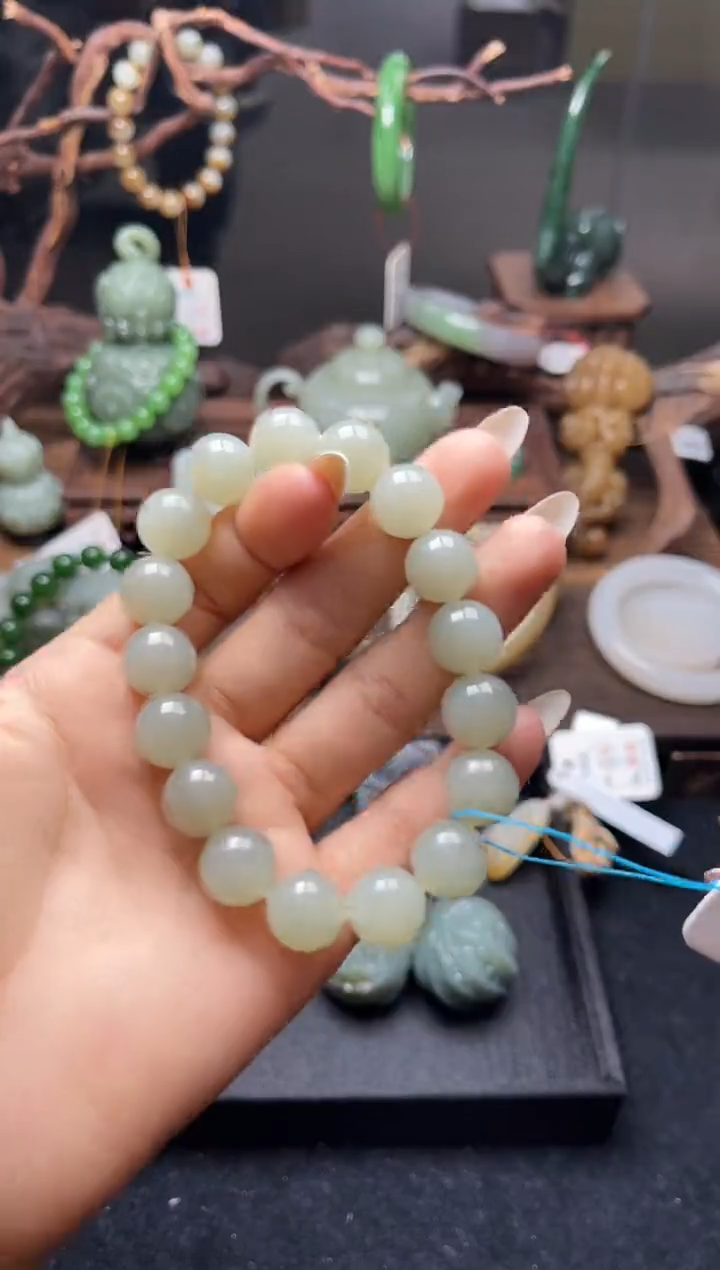 手串未镶嵌和田玉卡12且末青白 圆珠9007585