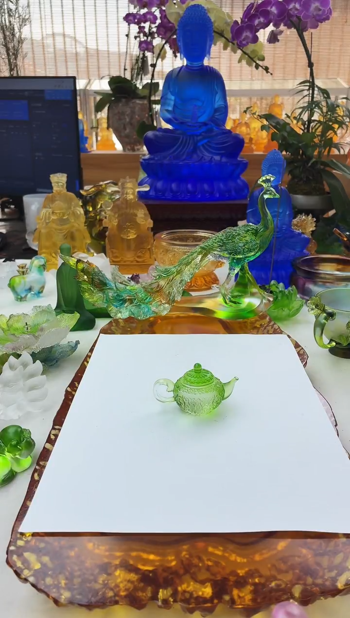 手工艺品琉璃绿色壶茶宠摆件 