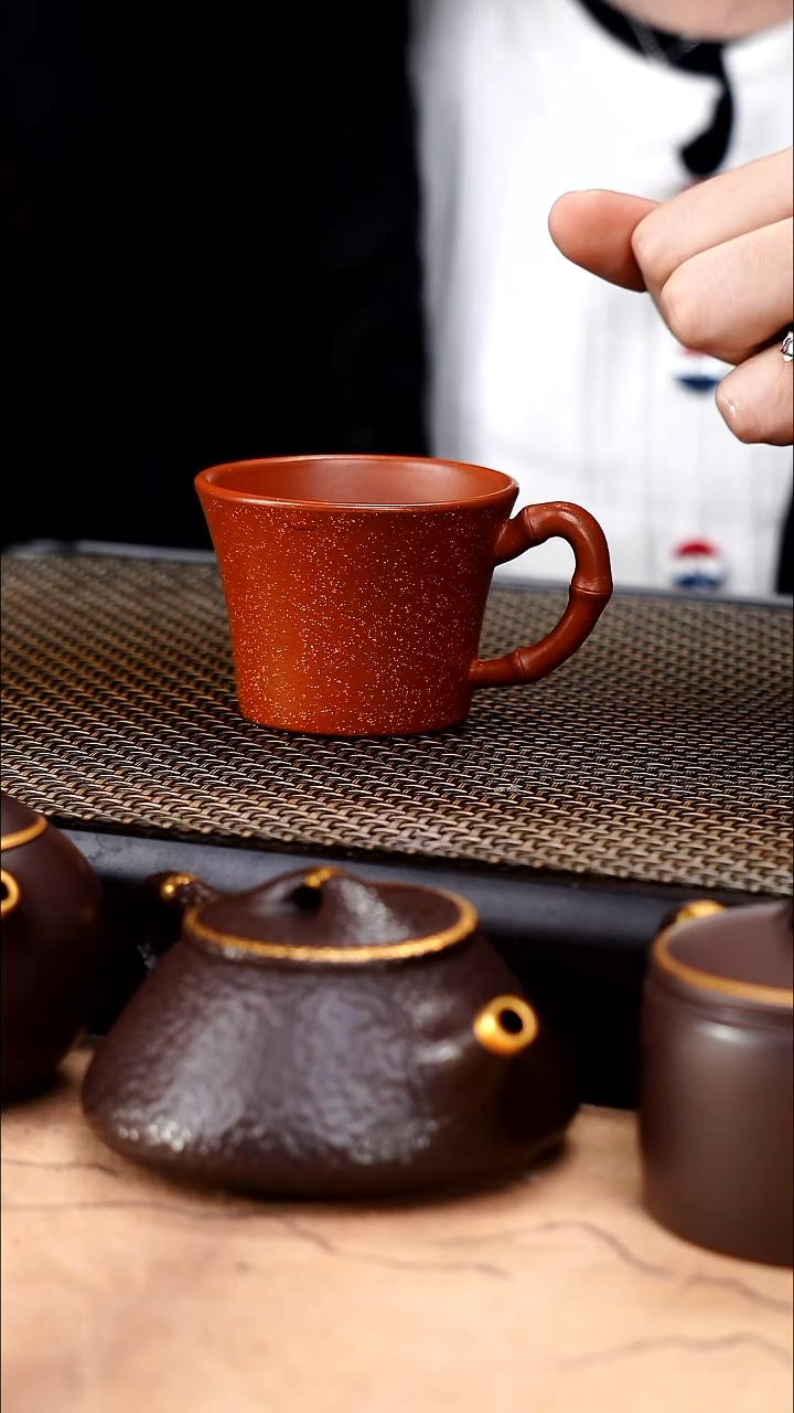 茶壶紫砂红降坡精工小把杯