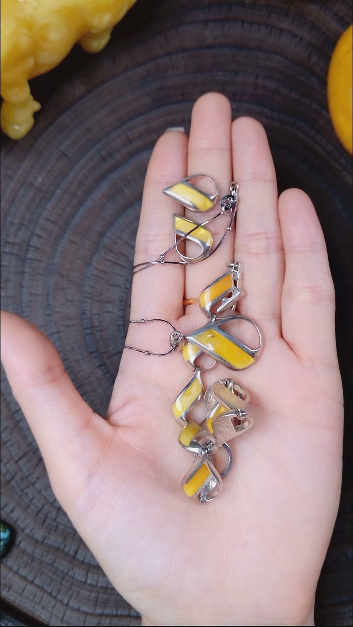 琥珀颈饰银S925镶嵌小***.套装