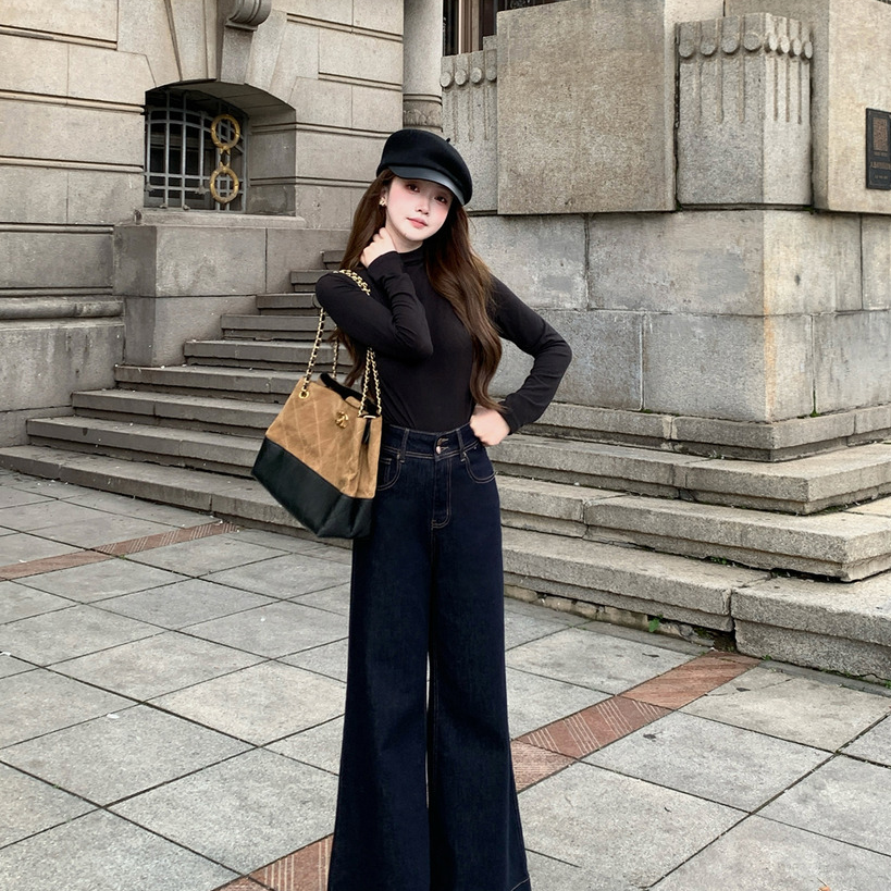 Huangzuozuo佐佐家小个子 高腰显瘦两粒扣微喇牛仔裤秋季女阔腿裤