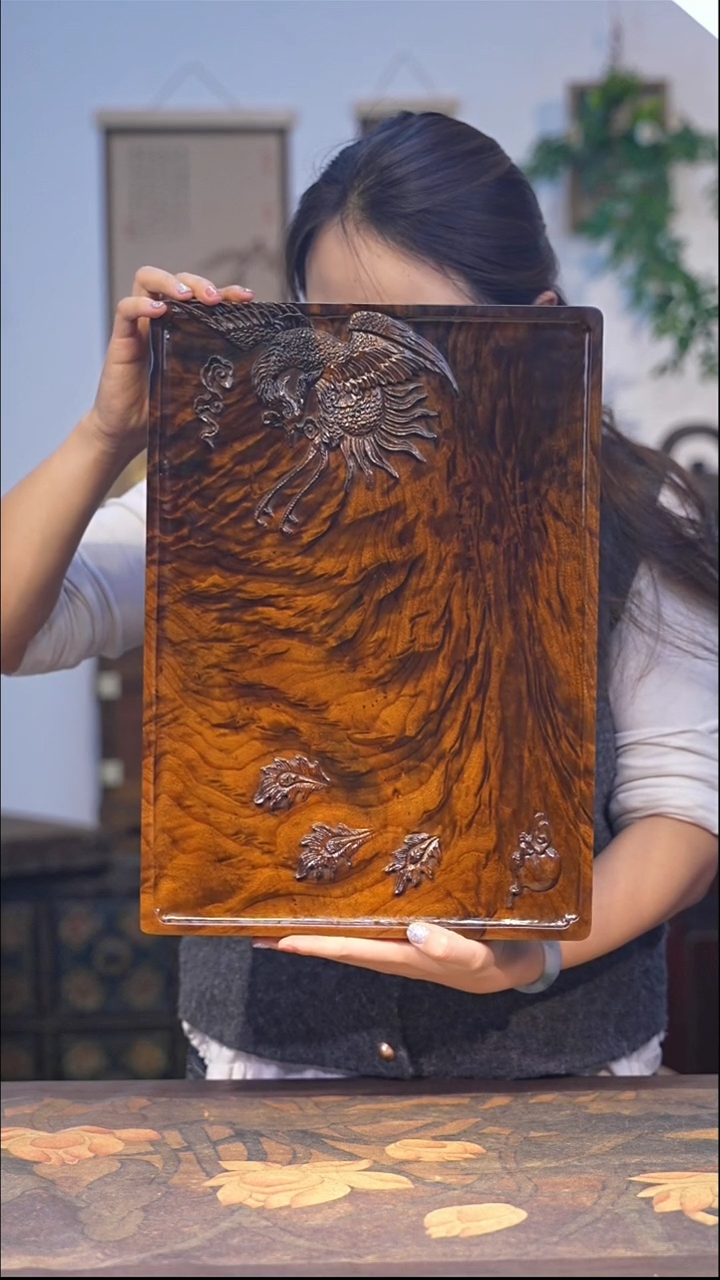 金丝楠金丝楠凤尾花纹茶盘 长41 宽29 厚3.5 编号