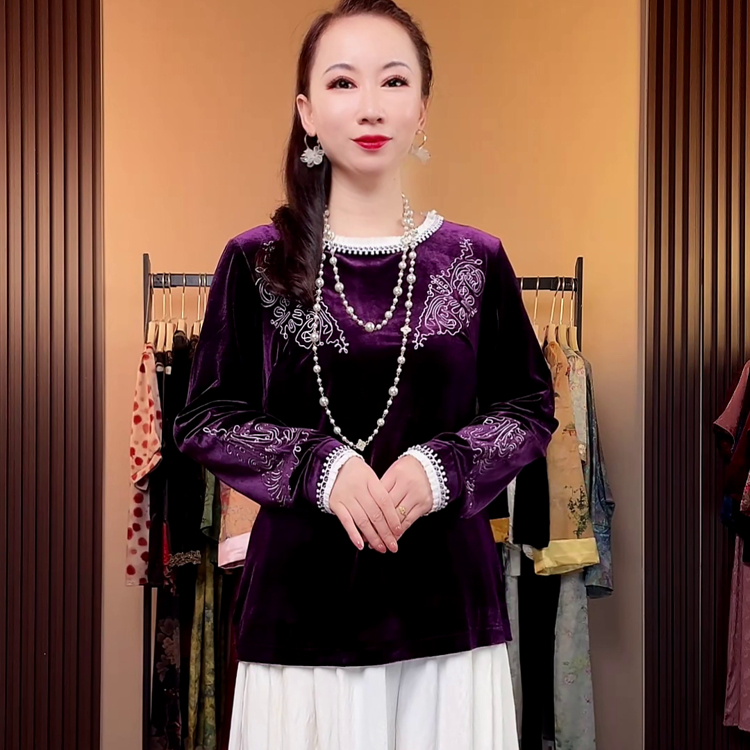 【小皮原创】紫云新中式丝绒小衫百搭气质时尚休闲休闲长袖显瘦2514