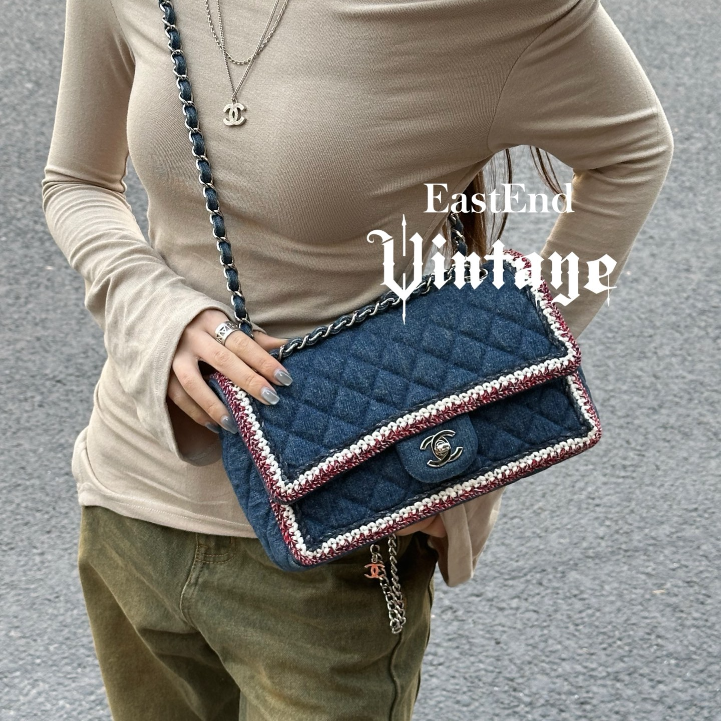 95新 Chanel/香奈儿 東区-牛仔银扣毛呢编织滚边cf大mini/26602