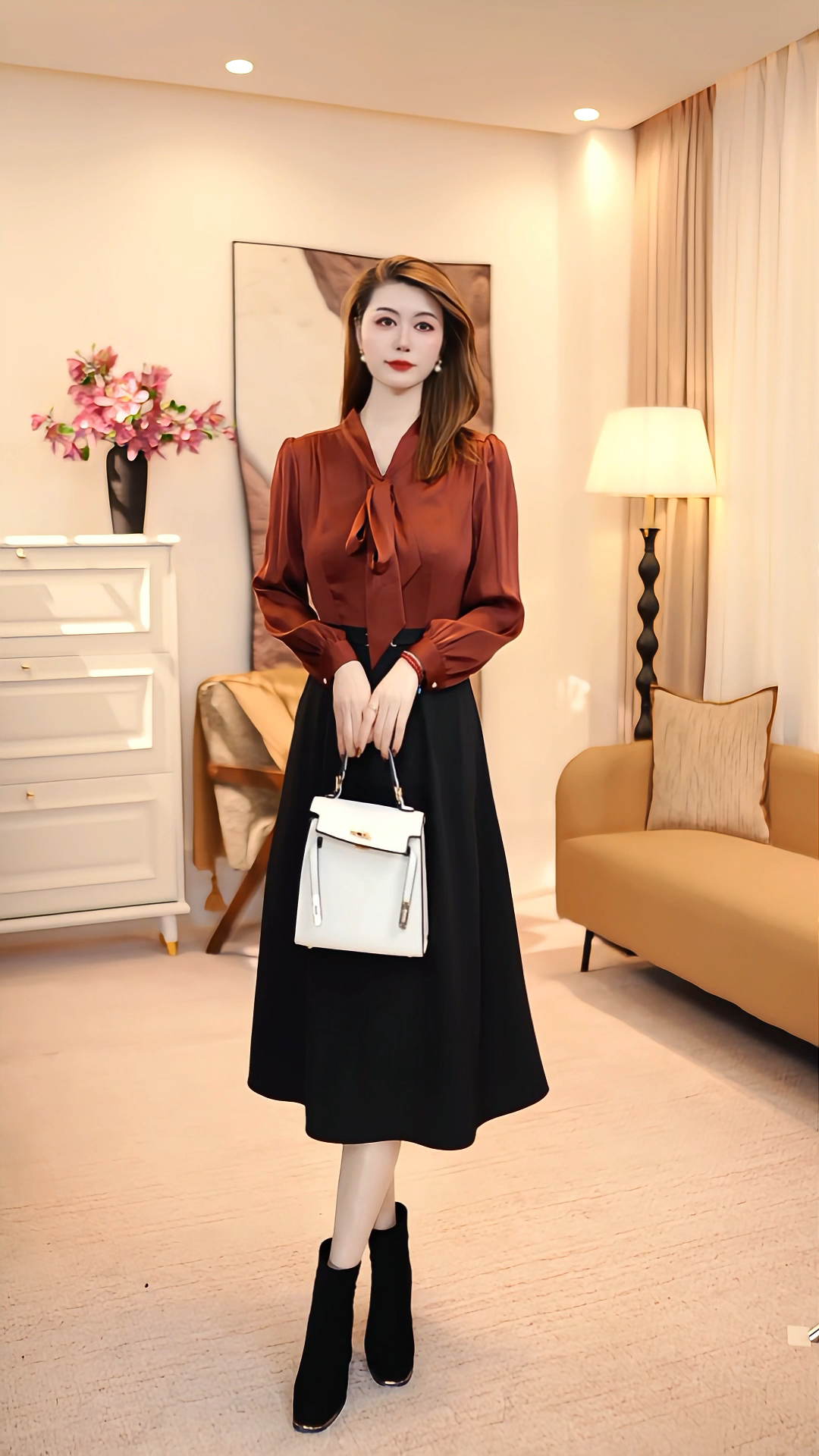 中长裙套头款气质显瘦春秋季连衣裙复古轻奢时尚法式 86149