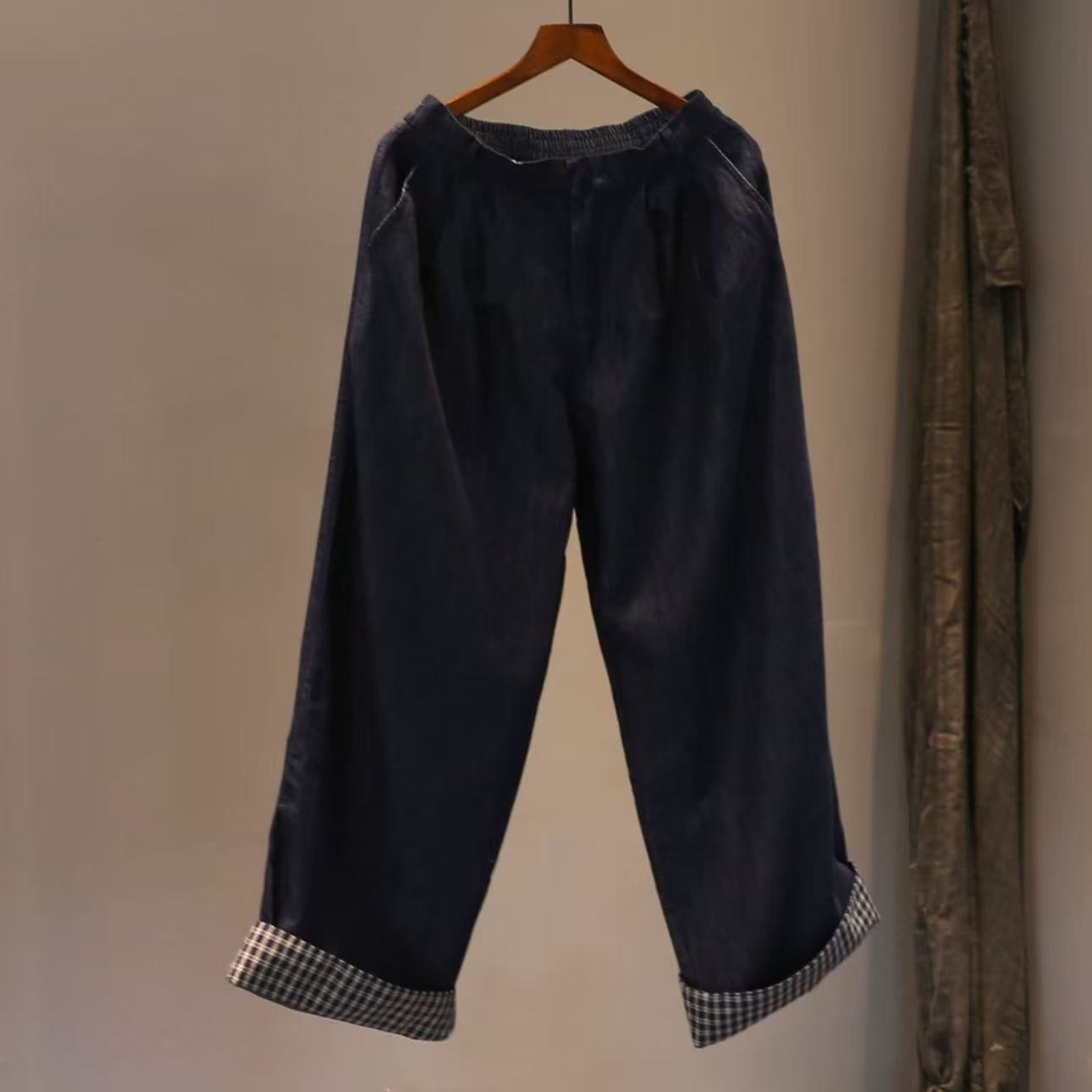 【彤彤家】6057#条绒挽脚格子加绒萝卜裤W/714