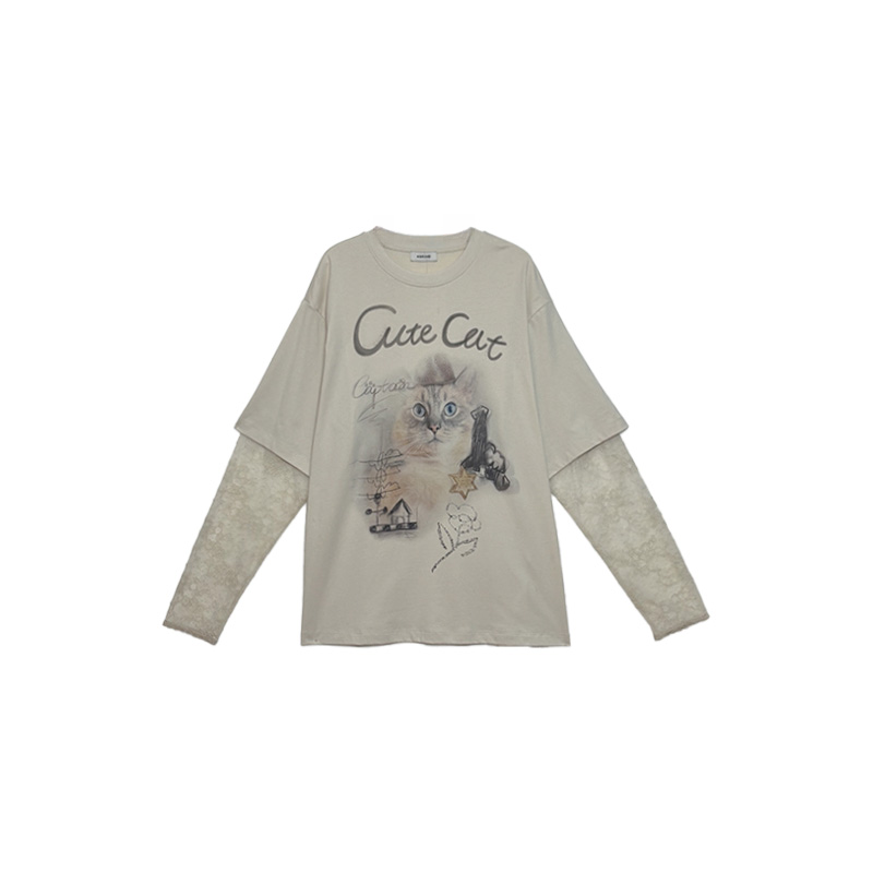 MSKIN⑥南油正版英文猫咪假两件T恤