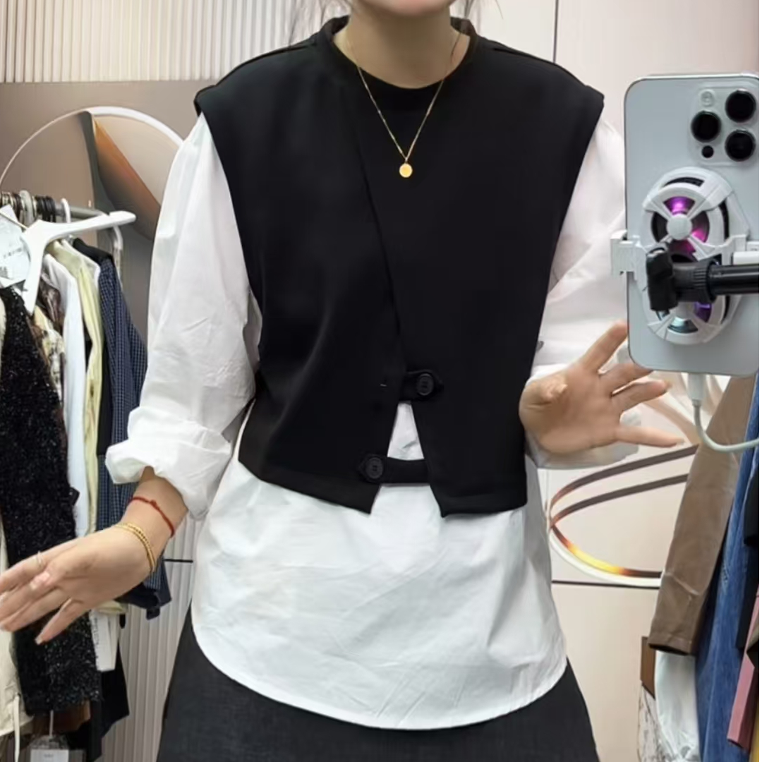 8628# 马甲拼接假两件衬衫