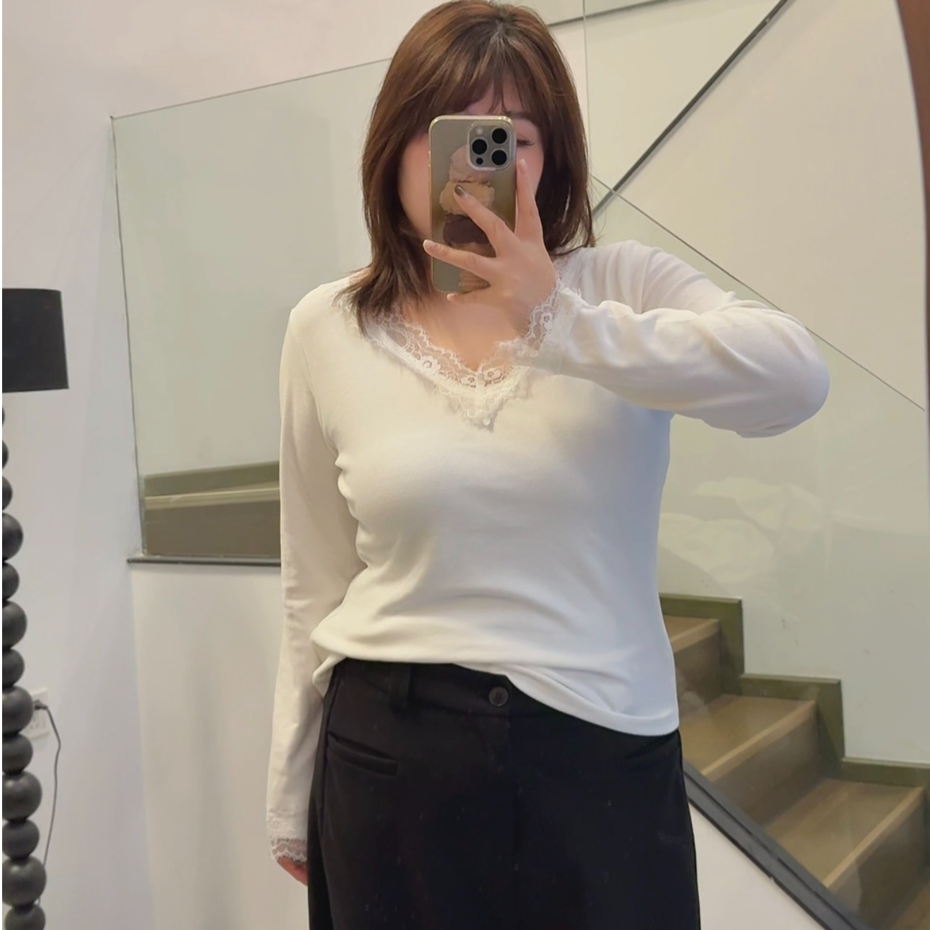 2025大码女装冬季新款纯欲风蕾丝拼接长袖加厚磨毛上衣3832