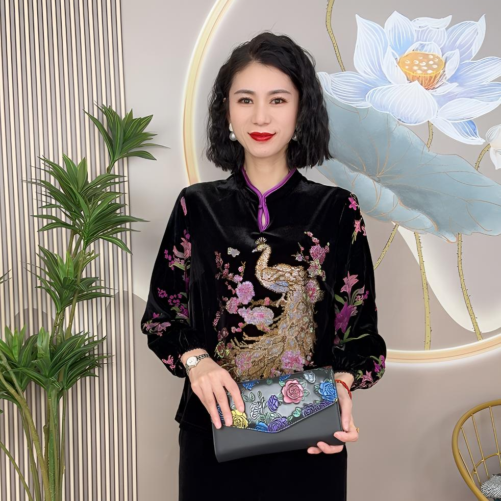 新年新款经典重工孔雀旗袍上衣遮肉网红中国风气质民族风长袖