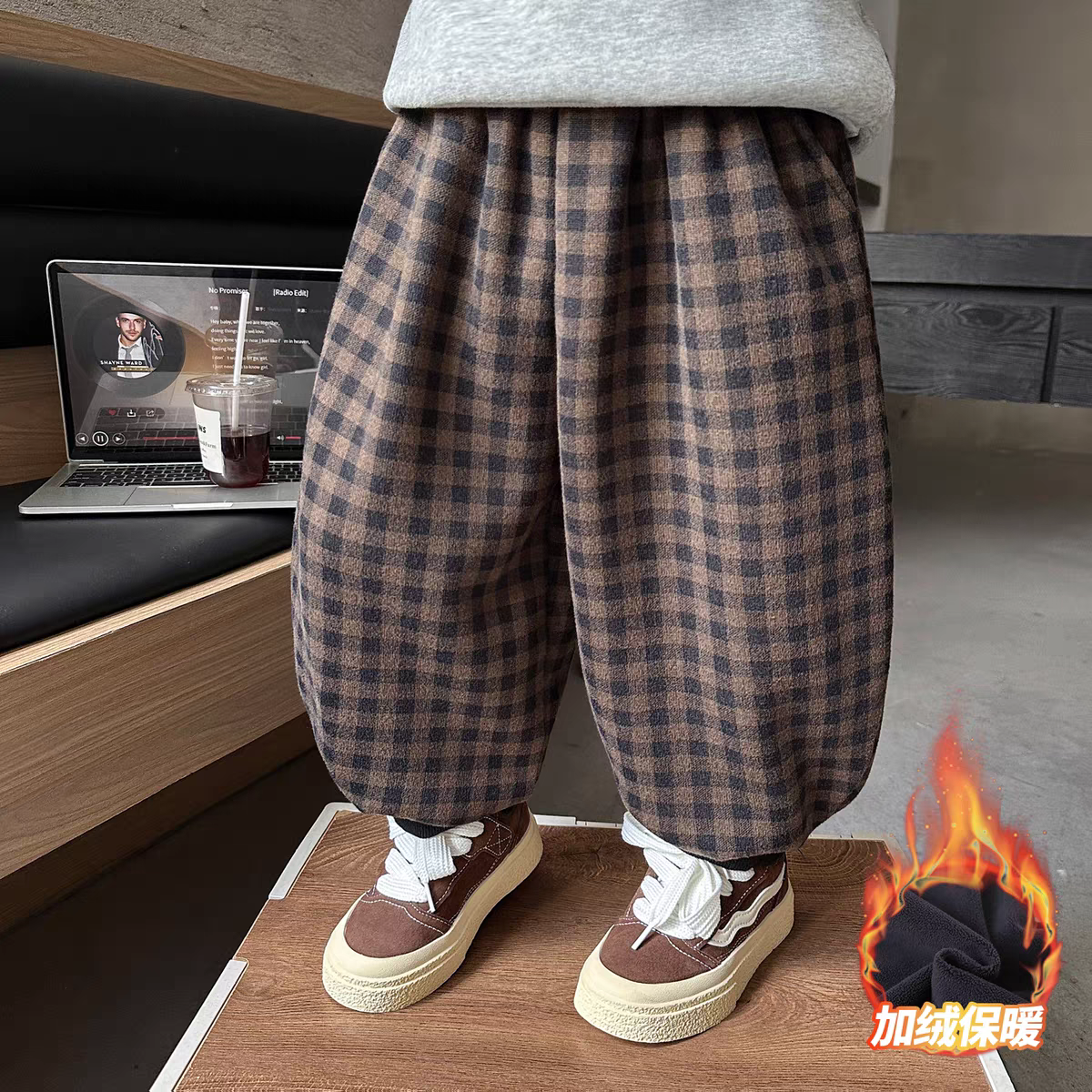 2009男女童秋冬季加绒格子糯米绒酷帅潮流保暖宽松休闲长裤
