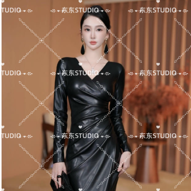 东东定制【女神裙】25冬款高弹时尚感包臀裙气质修身褶皱长袖连衣裙