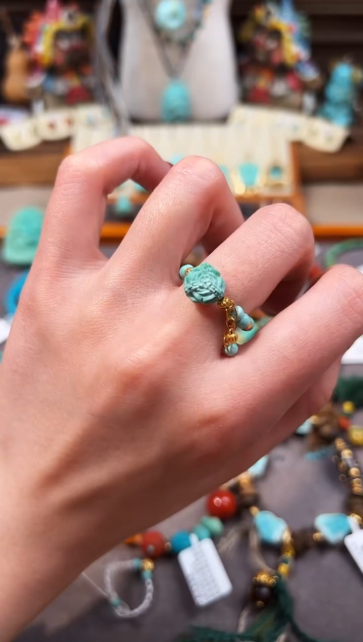 18K金镶嵌绿松石戒指玫瑰花戒指