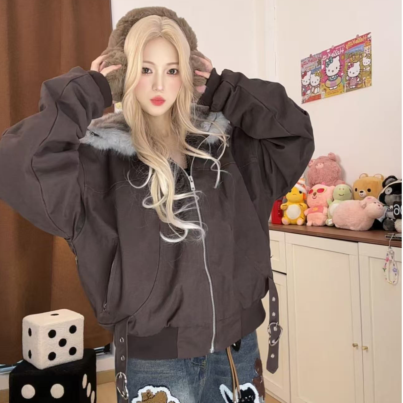 美式机车帆布宽松型短款长袖纯色厚款棉服连帽加绒