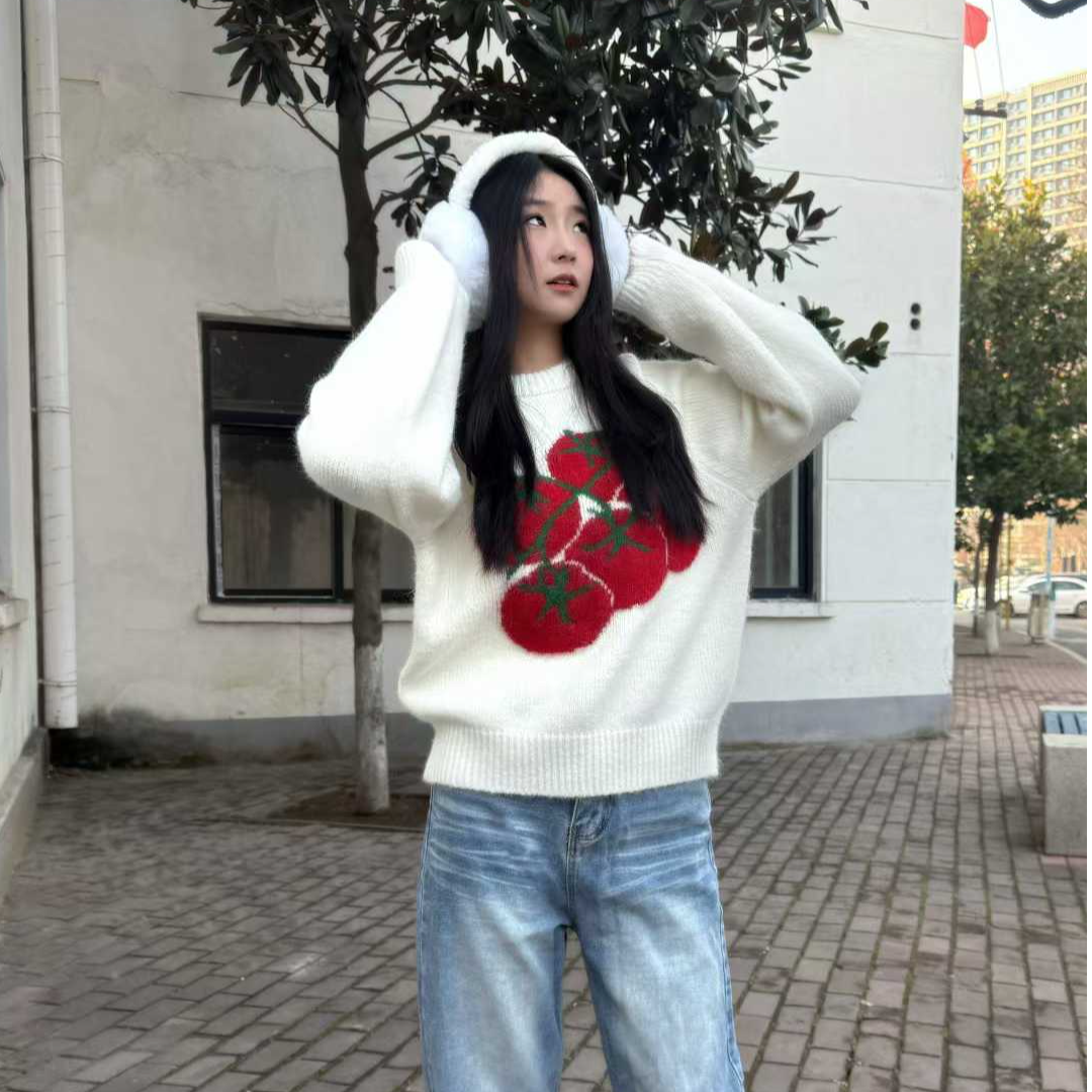 橱柜密码秋冬新款番茄圆领复古厚针织衫毛衣