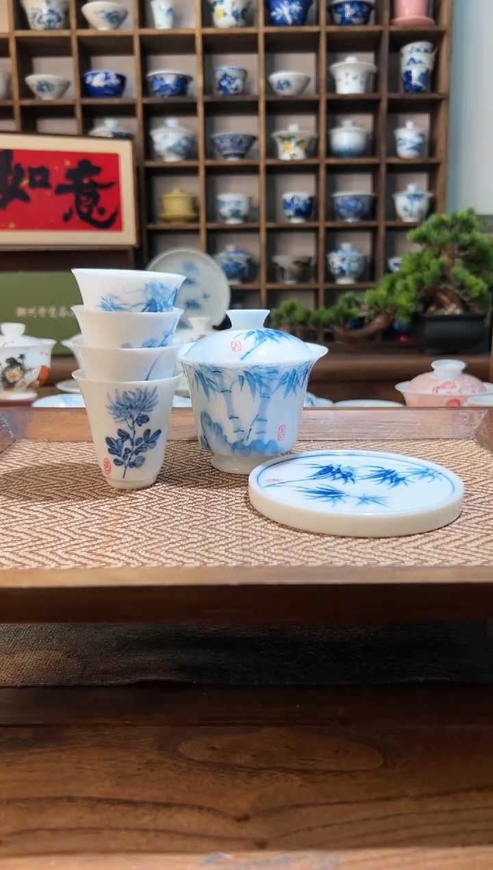 【闪购商品】竹子高足盖碗+梅兰竹菊杯+盖置