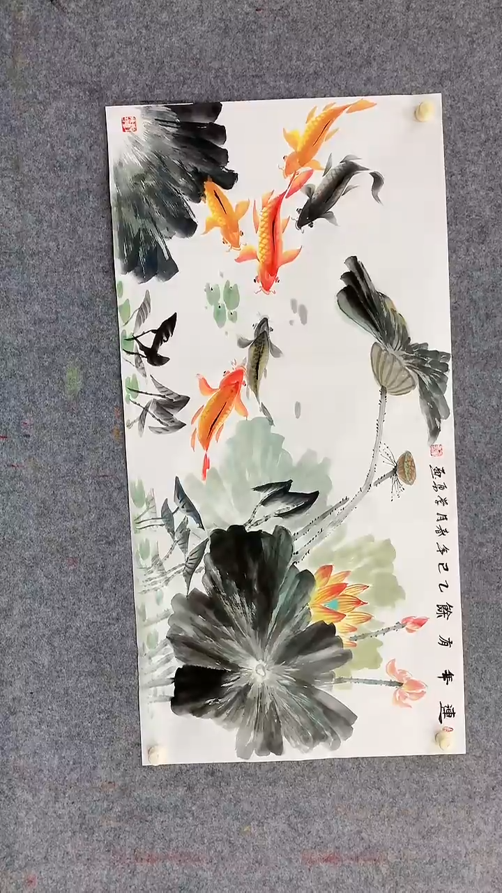 【闪购商品】国画手绘宣纸横幅荷花鱼