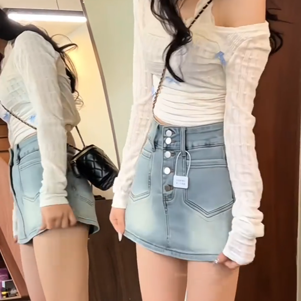 0645辣妹牛仔短裙女2025夏季新款高腰排扣设计感a字包臀短裤裙
