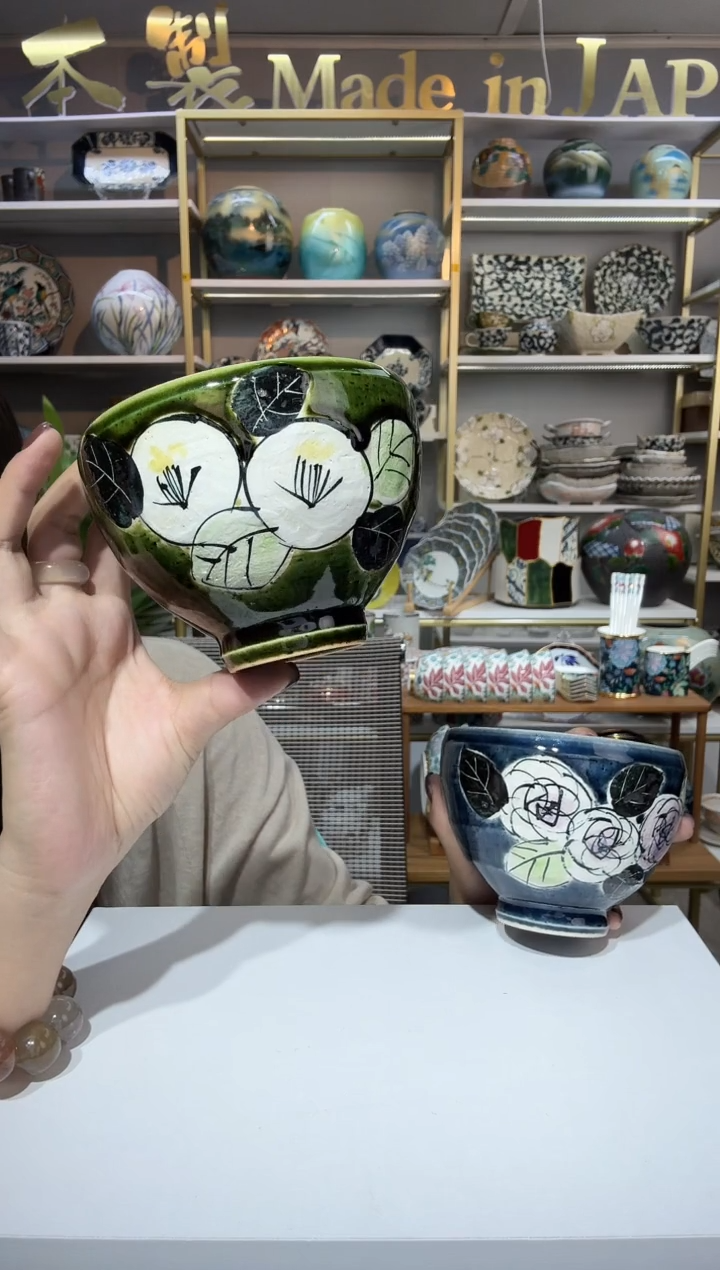 陶瓷濑户烧手绘手作冰裂纹墩墩碗一只绿色