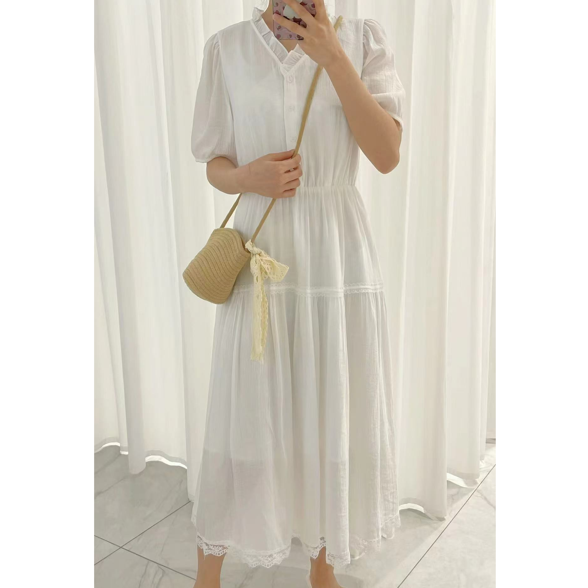 白色连衣裙女新款夏季V领法式高级感长裙8549# 裙长113