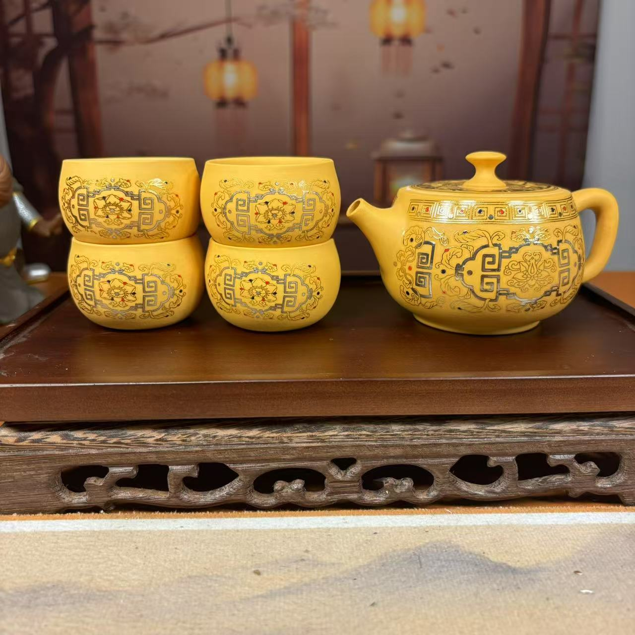 陶瓷原矿黄段壁绘艺术玉枕壶带四杯配茶盘A036