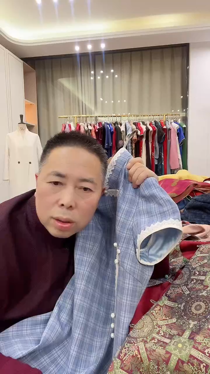 小清新蓝色格子旗袍L码