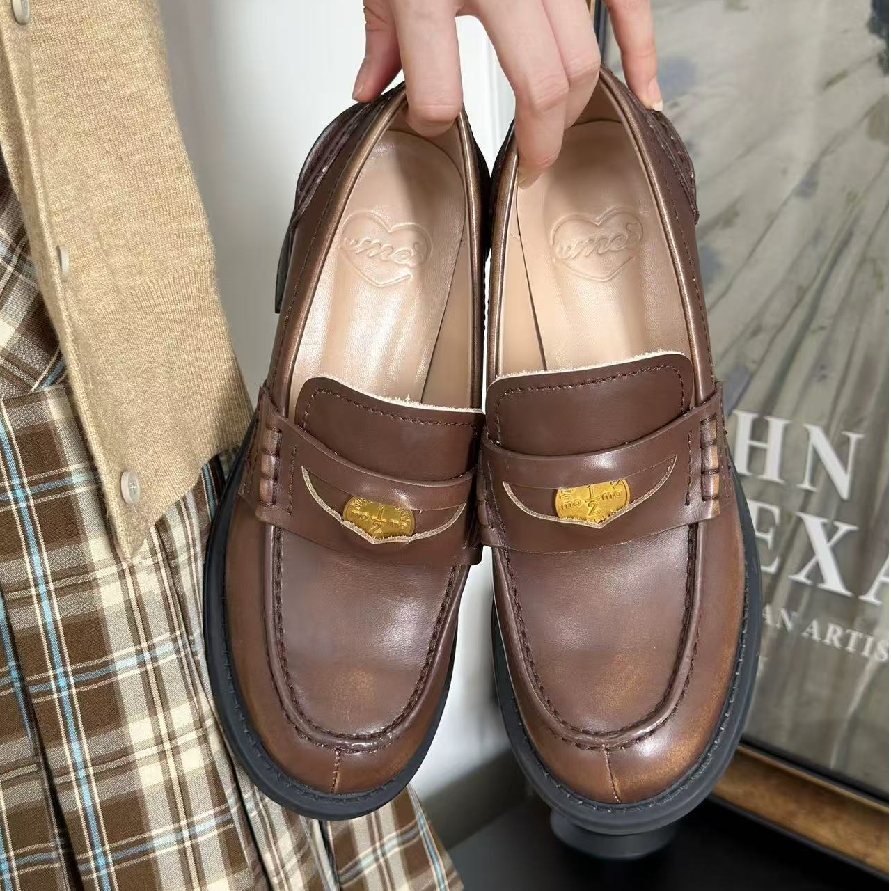 【真皮】小梅家定制张元英同款miu系学院粗高跟乐福单鞋3621金币款