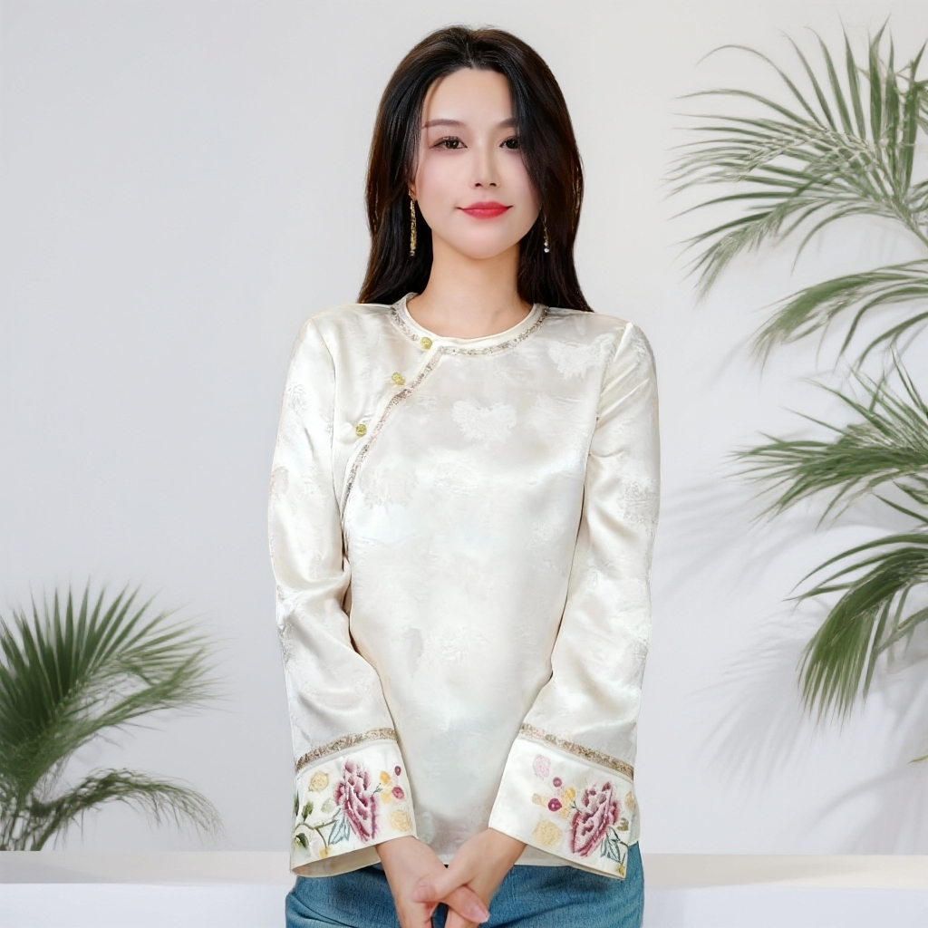 《ELFBOX》时尚春秋中国风新中式上衣万针刺绣气质衬衫6443