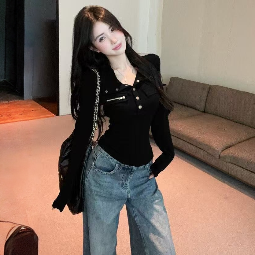 黑色长袖修身休闲高领设计感纽扣T恤女美式显瘦时尚百搭上衣
