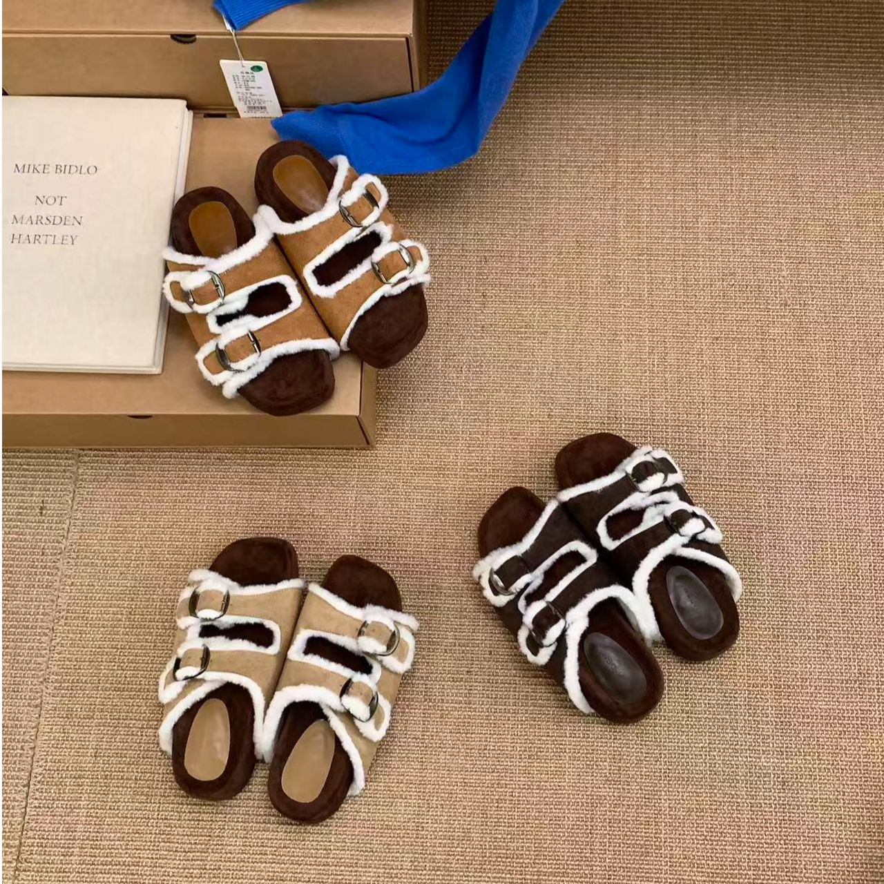 VEEFSHOW 559-1 厚底毛毛鞋拖鞋女鞋子秋冬季复古勃肯鞋毛绒棉拖